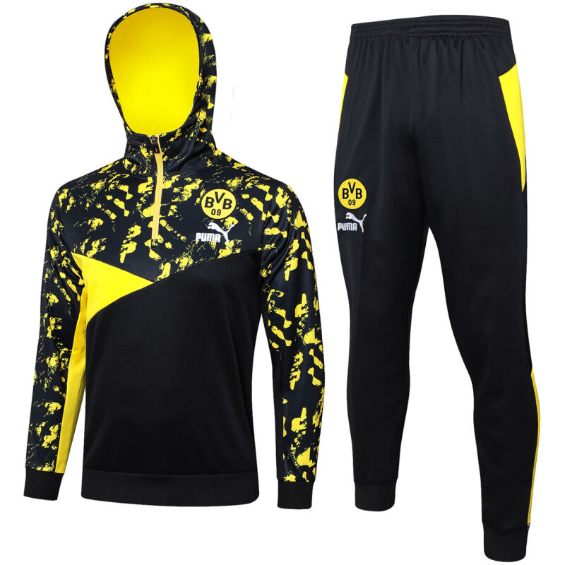 Mens Borussia Dortmund Hoodie Sweatshirt + Pants Training Suit Black 2023/24