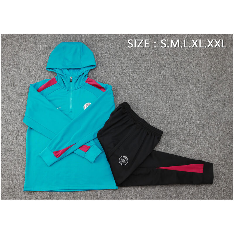 Mens PSG Hoodie Sweatshirt + Pants Training Suit Cyan 2024