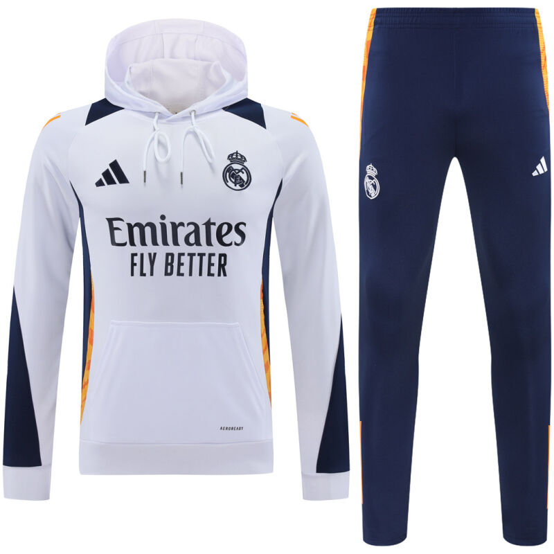 Mens Real Madrid Hoodie Sweatshirt + Pants Training Suit White II 2024/25