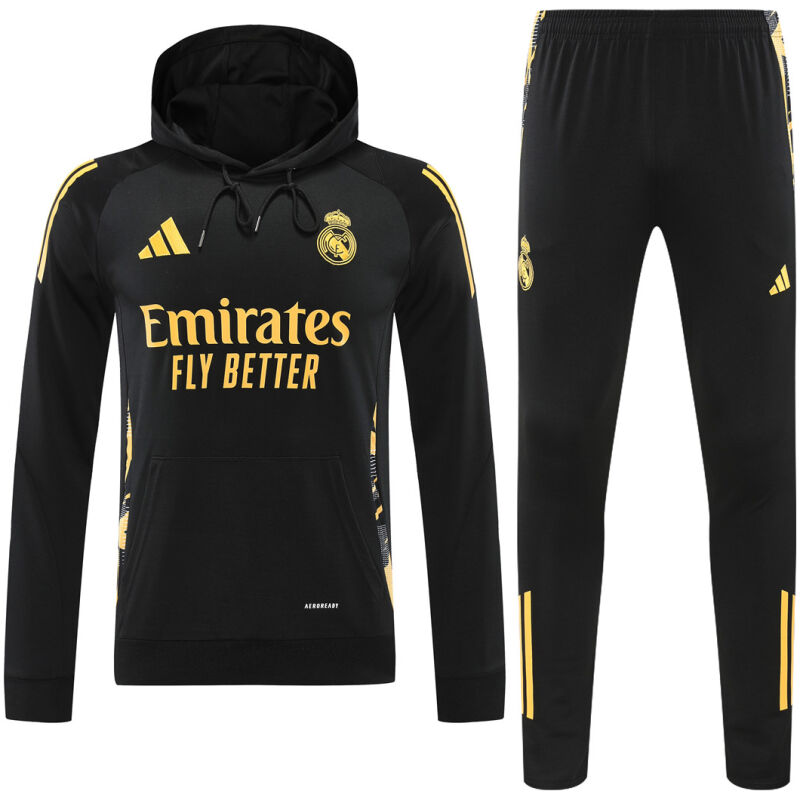 Mens Real Madrid Hoodie Sweatshirt + Pants Training Suit Black II 2024/25