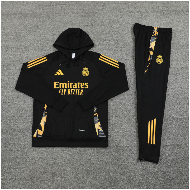 Mens Real Madrid Hoodie Sweatshirt + Pants Training Suit Black II 2024/25