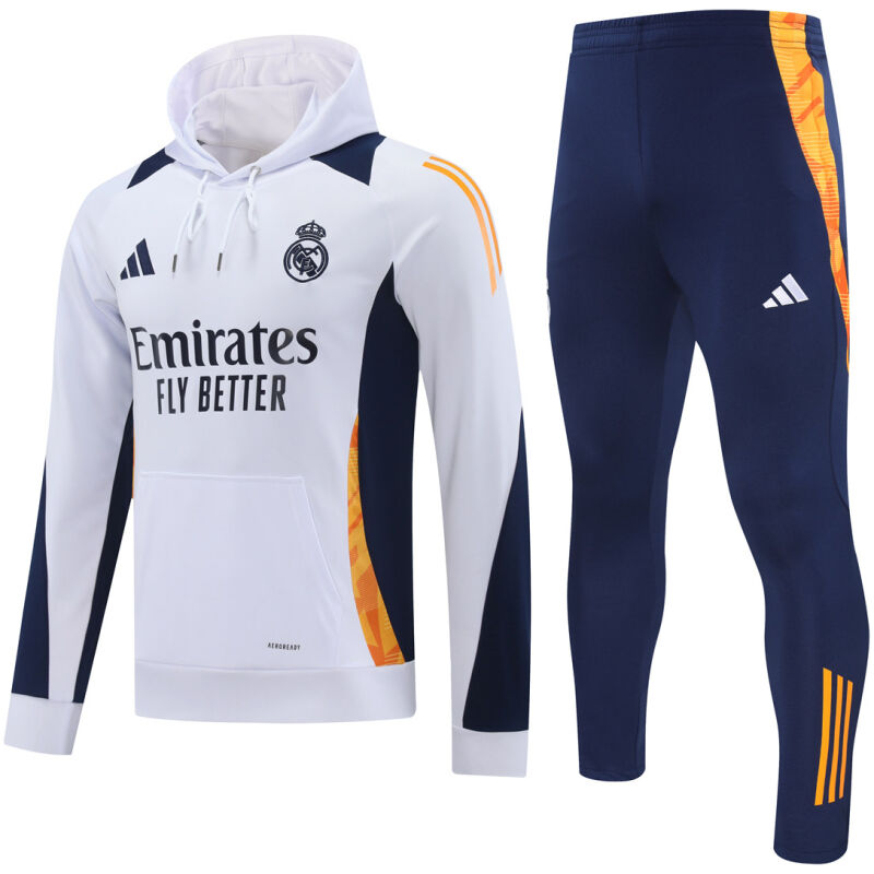 Mens Real Madrid Hoodie Sweatshirt + Pants Training Suit White II 2024/25