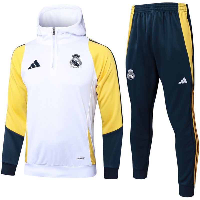 Mens Real Madrid Hoodie Sweatshirt + Pants Training Suit White 2024/25