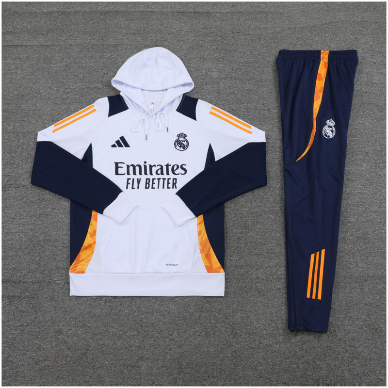 Mens Real Madrid Hoodie Sweatshirt + Pants Training Suit White II 2024/25