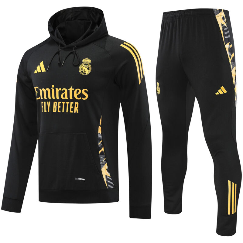 Mens Real Madrid Hoodie Sweatshirt + Pants Training Suit Black II 2024/25